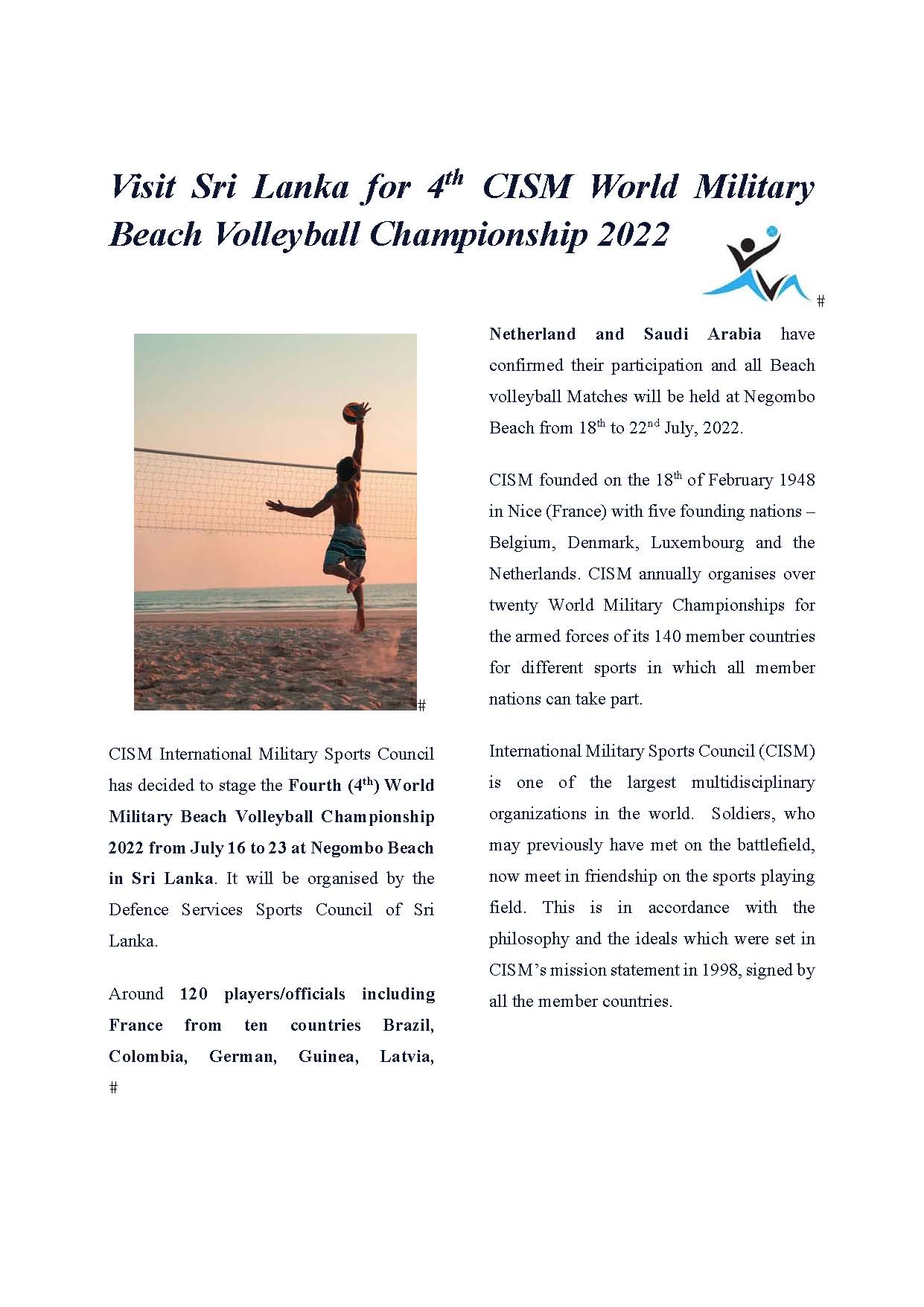 Visit Sri Lanka for 4th CISM World Military Beach Volleyball